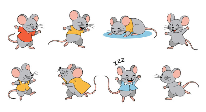 Cute mouse character set in various cartoon poses including dancing running and sleeping for children book illustration.