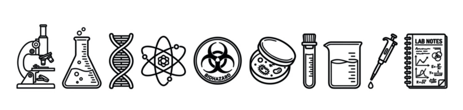 Collection of laboratory and science outline icons featuring a microscope, DNA strand, atom, biohazard warning, test tube, beaker, and pipette for educational or research themes
