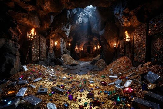 Vast treasure hoard in a dimly lit cave, overflowing with gold coins, jewels, and silver bars.