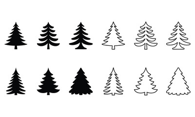 Obraz premium Collection of various fir tree silhouettes and outline icons for christmas cards and seasonal winter forest decorations.