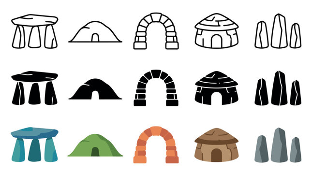 Collection of prehistoric architecture icons showing dolmen, cave, stone arch, hut, and menhirs in line, glyph, and flat color styles for historical or archaeological design