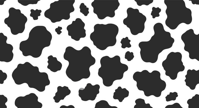 Seamless cow print pattern with black irregular spots on white background for animal skin texture and fashion textile design.