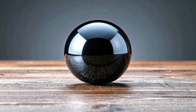 A Highly Reflective Black Sphere Resting on a Textured Wooden Surface with Soft Lighting