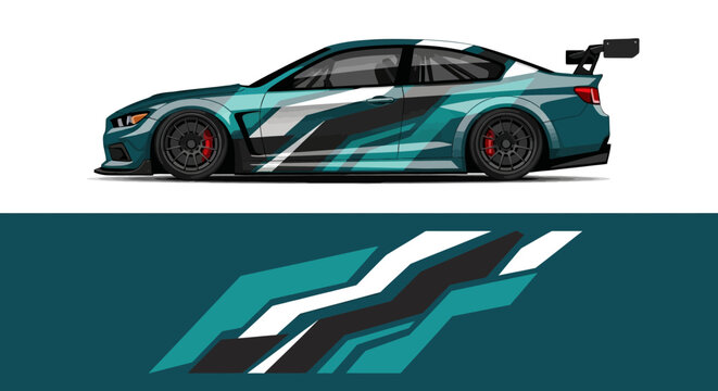 Stylized teal sports car illustration with racing livery and dynamic lines.