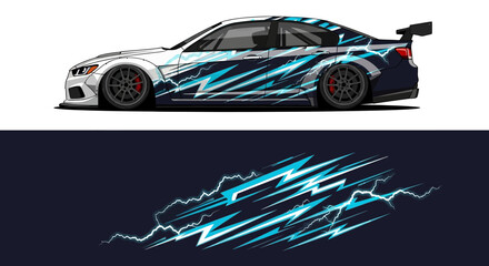 Sleek blue racing car graphic with dynamic flames on dark background. © Lailatul