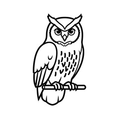 Fototapeta premium Detailed black and white illustration of an owl perched on a branch, looking forward.