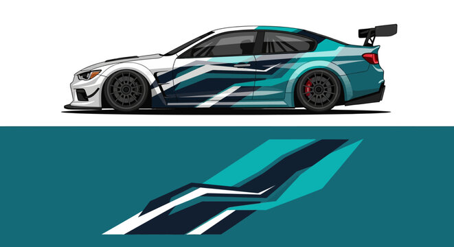 Dynamic teal race car illustration with abstract lines and graphic accents.