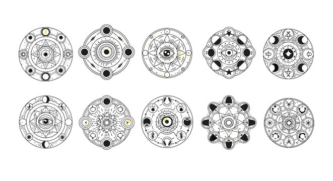 Set of intricate black and white mystical mandalas featuring eyes, moon phases, and celestial symbols for meditation.