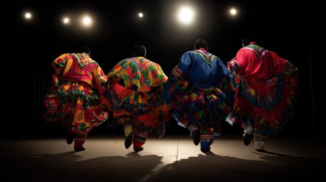 Dancers in colorful garments perform on a stage illuminated by spotlights