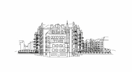 Obraz premium Black and white sketch of old brick buildings with bridges over water