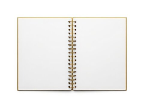 A close-up view of a blank spiral-bound notebook with a gold edge
