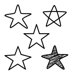 Obraz premium Hand drawn star doodle set in black outline style, various shapes including outline, scribble, and abstract stars, minimal line art isolated on white background