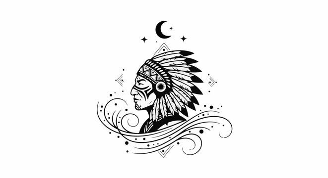 Black and white illustration of a profile view of a Native American chief
