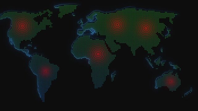 Pixelated world map with red hotspots. Pixelated world map blue outline. Pixelated world map for cyber attack and global security themes.