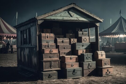 Vintage circus trunks stacked outside a weathered wooden shed at night, with tents in background