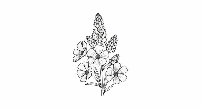 Black and white sketch of a floral bouquet featuring varied blossoms