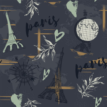 Abstract seamless vector Paris pattern. Eigel tower repeats print for fashion textile, clothes, wrapping paper. Flowers, cute vector pattern
