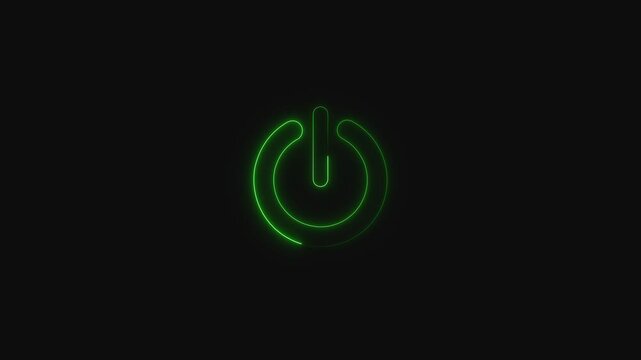 Neon green power button symbol glowing on a animated black background icon