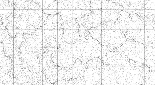 Abstract black and white topographic map pattern with contour lines and a coordinate grid overlay for navigation.