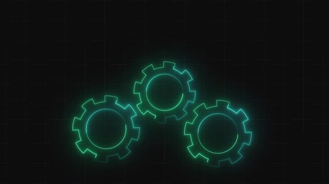 Three cyan neon gears glowing on grid. Three cyan neon gears on dark. Three cyan neon gears for futuristic engineering and technical systems.