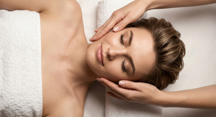 Obraz premium Close up of young woman in white towel enjoying face massage and wellness treatments in spa studio.