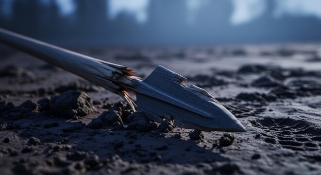 Broken Wooden Spear Tip Resting on Ground