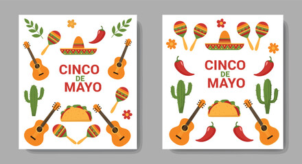Fototapeta premium Pair of festive Cinco de Mayo flyers featuring traditional Mexican symbols like guitars, sombreros, maracas, tacos, and chili.