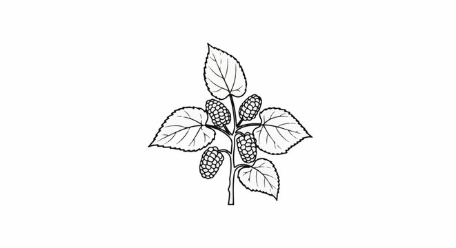 Black and white drawing of a mulberry branch with leaves and fruit