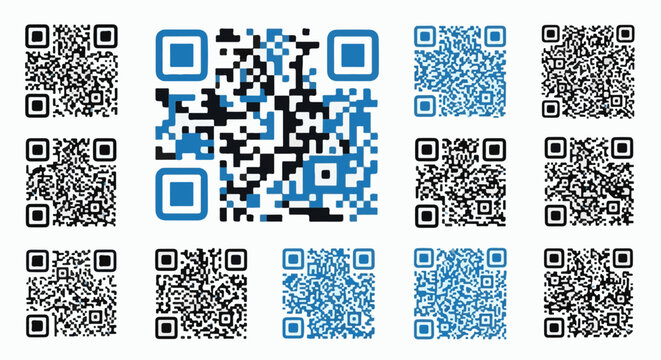 Array of colorful and monochrome QR codes on a white background