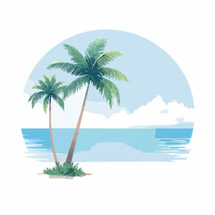 Obraz premium Elegant minimalist vector illustration of a serene seaside lifestyle in Indonesia featuring a coconut tree silhouette against a calm ocean.