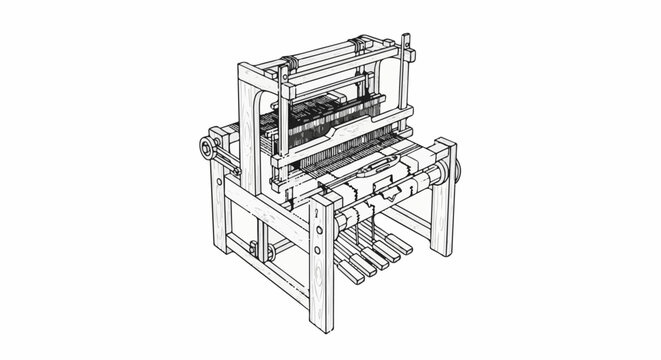 An antique wooden loom with threads and shuttle on a white background