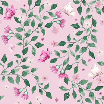 Australian floral seamless pattern hand painted with watercolor. Green leaves, pink flowers and flying butterflies print. Summer blooms background for textile, fabric, surface, packaging, wallpaper