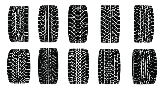 Set of different black and white tire tread patterns representing various vehicle types from off-road trucks to performance cars.
