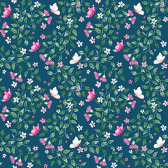 Australian floral seamless pattern hand painted with watercolor. Green leaves, pink flowers and flying butterflies print. Summer blooms background for textile, fabric, surface, packaging, wallpaper © balena