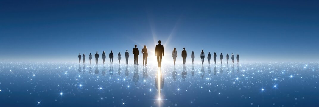 Silhouette of a business leader walking towards a bright light, followed by a team on a sparkling digital landscape