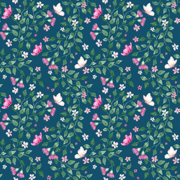 Australian floral seamless pattern hand painted with watercolor. Green leaves, pink flowers and flying butterflies print. Summer blooms background for textile, fabric, surface, packaging, wallpaper