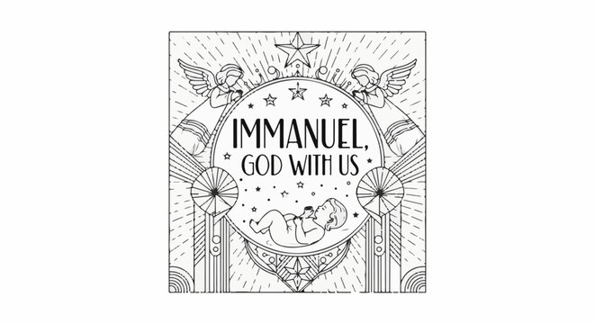 Art Deco scene with angels, stars, a baby, and scripture text