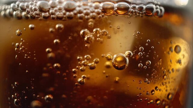 Brown carbonated beverage bubbles rising inside a glass creates refreshing fizzy liquid motion in this high quality extreme close up cinematic animation video for your project