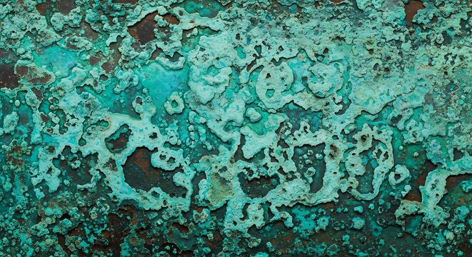 Detailed abstract texture of corroded metal with vibrant turquoise and green patina, creating a rough organic surface background.