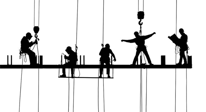 Silhouette workers building a structure on a rooftop