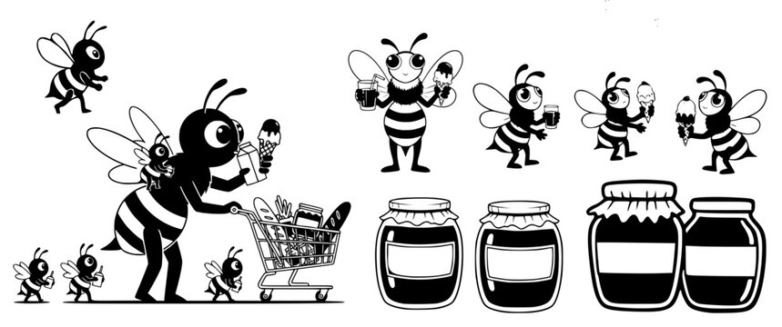 Set of black and white cartoon bee characters shopping, eating ice cream, and blank honey jars. Silhouette clip art collection.