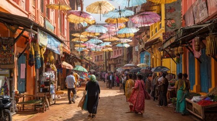 Obraz premium Colorful street scene with umbrellas overhead depicts lively urban life