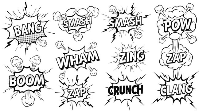 Collection of retro comic book speech bubbles with explosive sound effects like bang, smash, and boom in a classic black and white style.