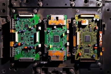 Fototapeta premium Three green circuit boards with connectors and components, some showing rust and wear