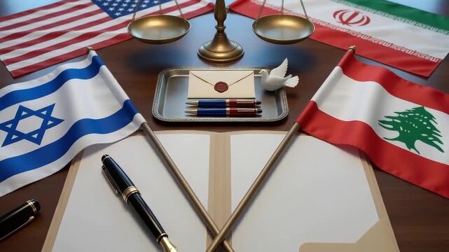 diplomatic composition with flags of usa iran israel and lebanon around scales of justice and map for international balance search