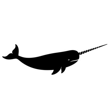Silhouette of a majestic narwhal with a long, spiraling tusk against white background.