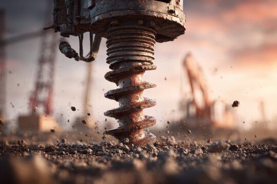 Closeup auger drilling into soil, mud and debris flying. Industrial drill bit digging. Operating heavy rig for building footings, gritty, warm backlight. Dust fill the air. Active construction work