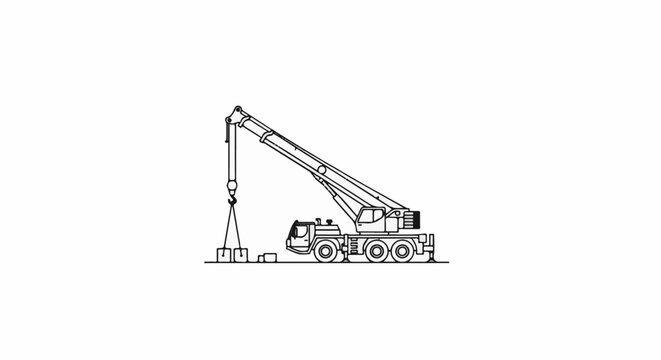 Black and white line drawing of a mobile crane lifting two blocks