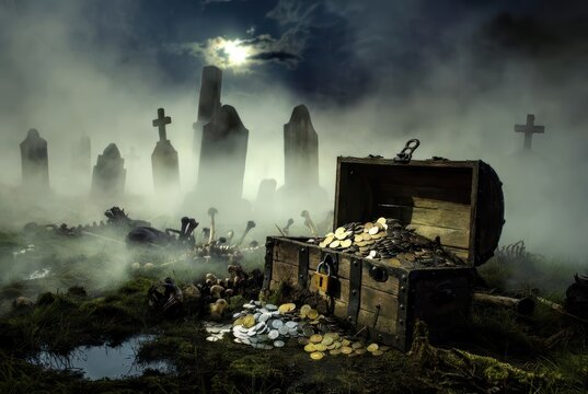 Ancient treasure chest overflowing with gold coins in a foggy, haunted graveyard at night