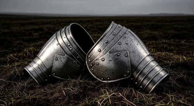 Medieval Knight's Steel Pauldrons on Grassy Field